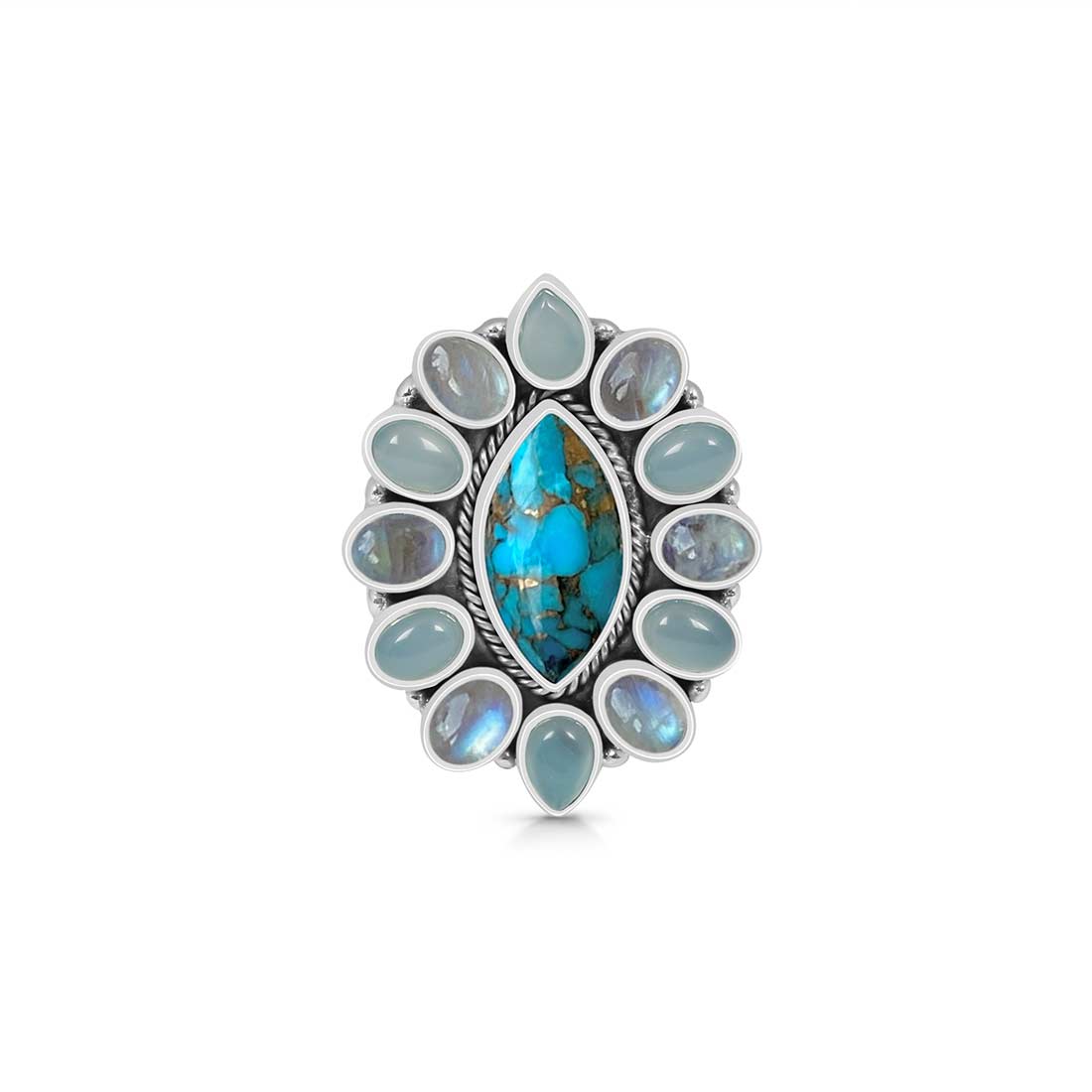Copper Turquoise, Aquamarine And Moonstone Flower Adjustable Ring-(TRC-FLR-4.)